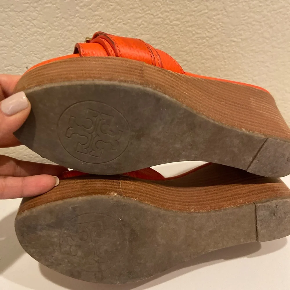 Tory Burch Orange Leather Wedge Slide Sandals with Gold Logo